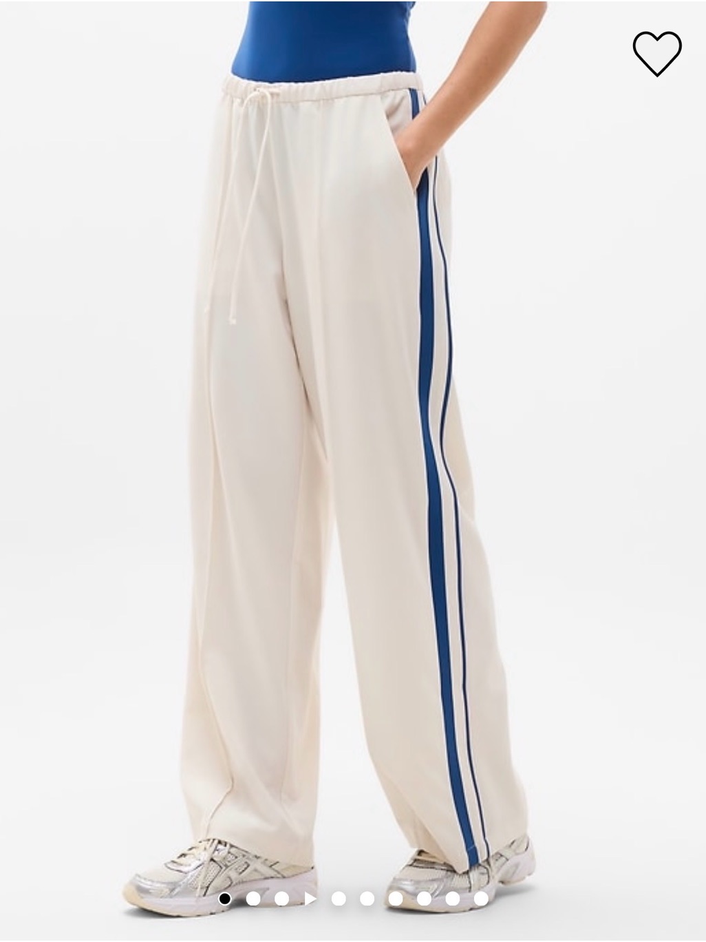 Athleta Cream Wide-Leg Track Pants With Navy Side Stripes